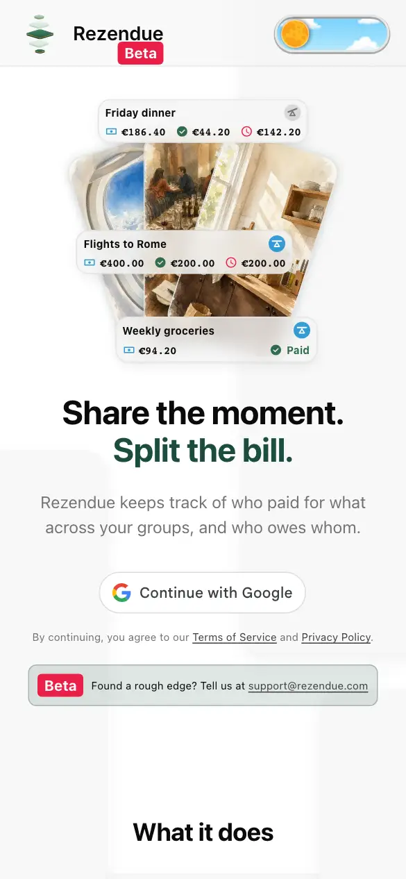 The Rezendue landing page with the Sign in with Google button.