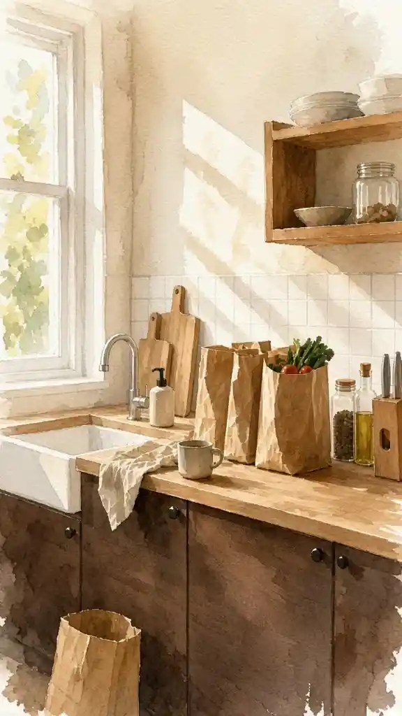 A kitchen counter, with paper grocery bags on it.