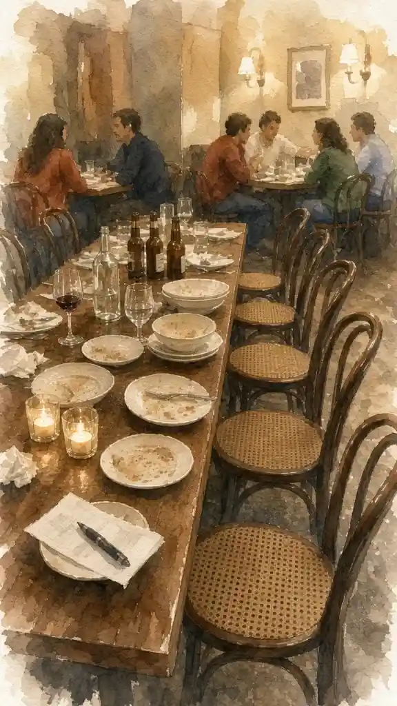 A long restaurant table at the end of a shared meal, with the bill waiting at the near corner.