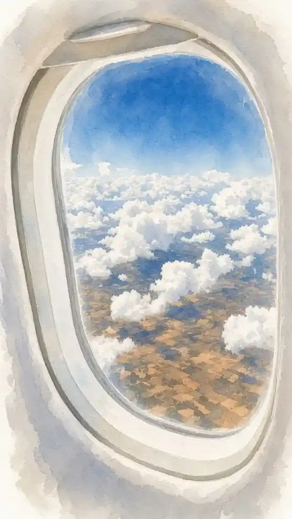 A plane window, looking out at the sky.